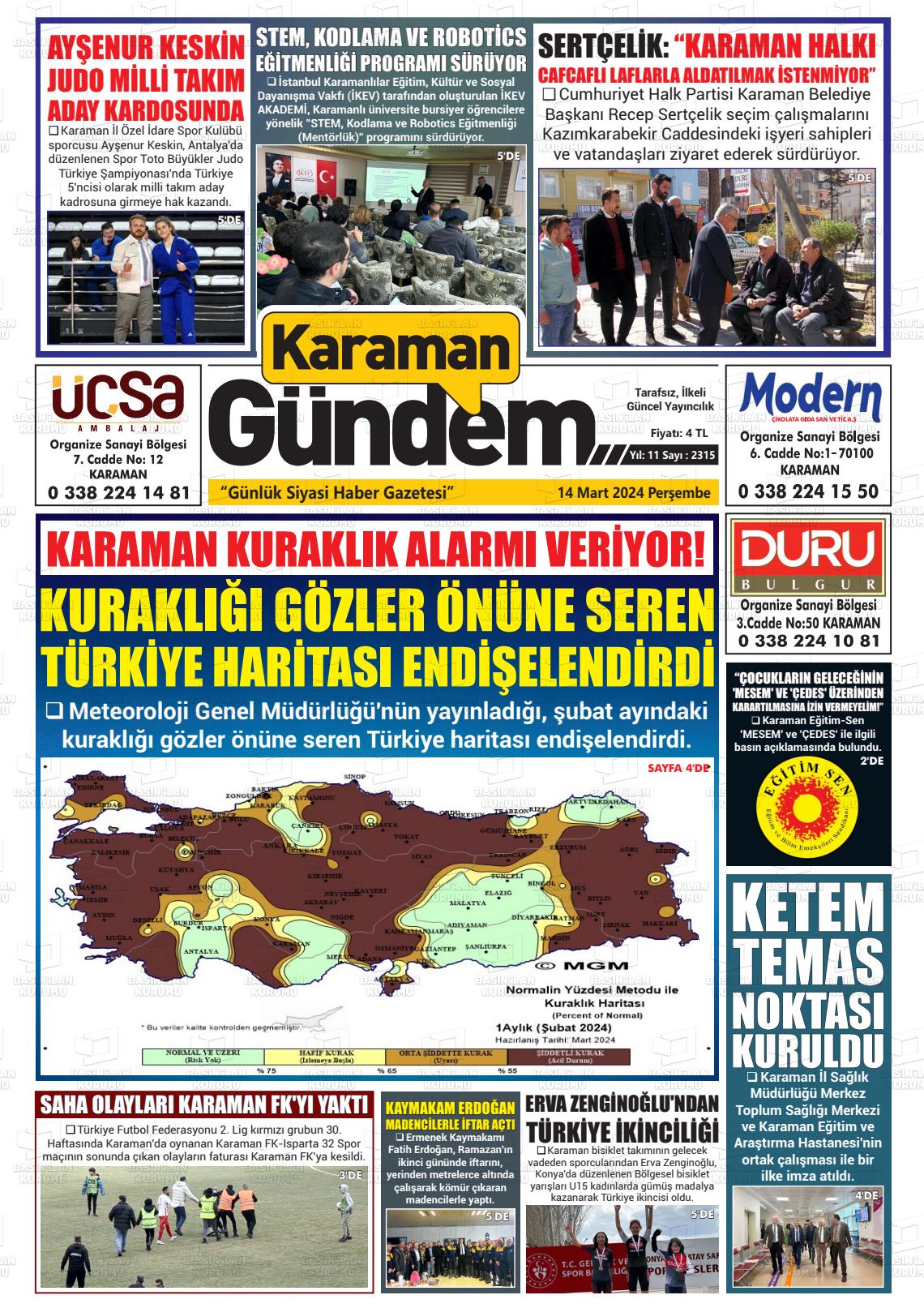 14 Mart 2024 Karaman Gündem Gazete Manşeti