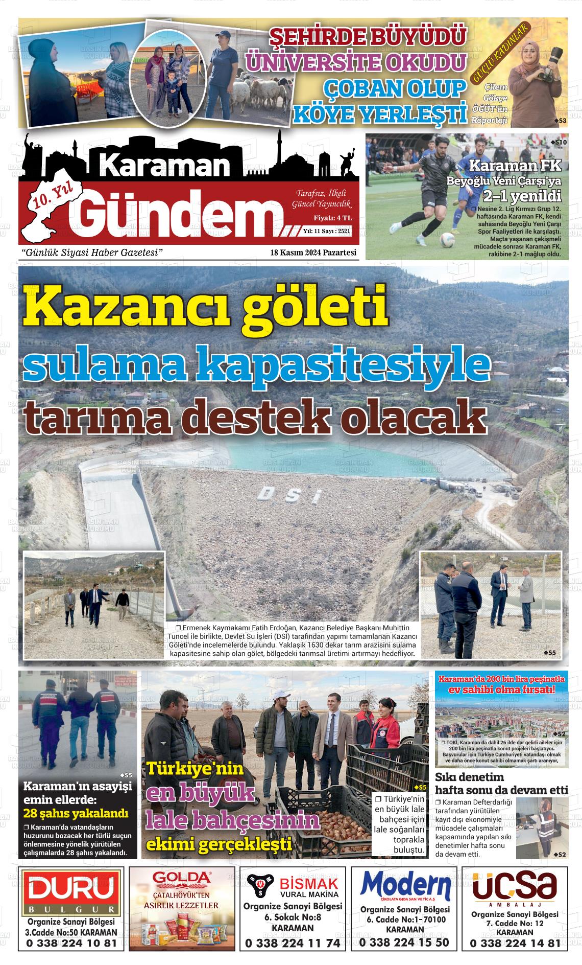 18 Kasım 2024 Karaman Gündem Gazete Manşeti