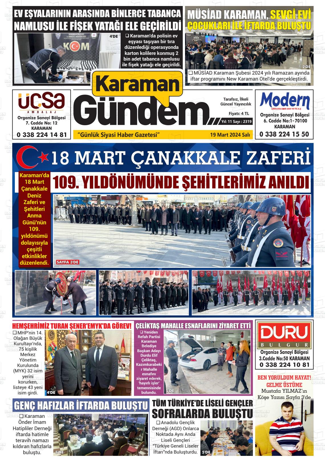 19 Mart 2024 Karaman Gündem Gazete Manşeti