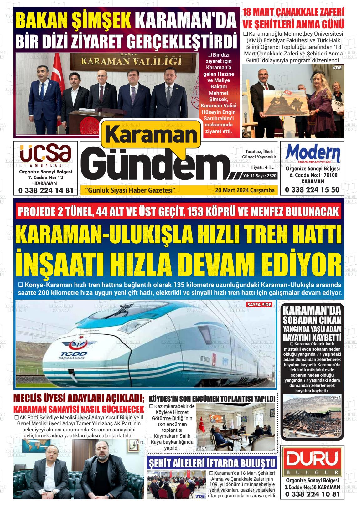 20 Mart 2024 Karaman Gündem Gazete Manşeti