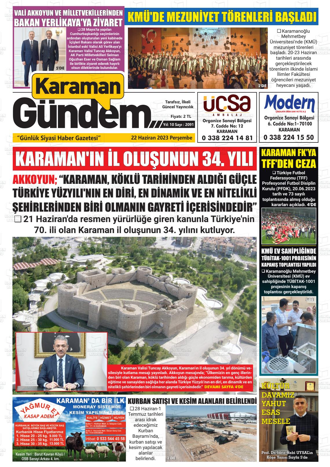 22 Haziran 2023 Karaman Gündem Gazete Manşeti