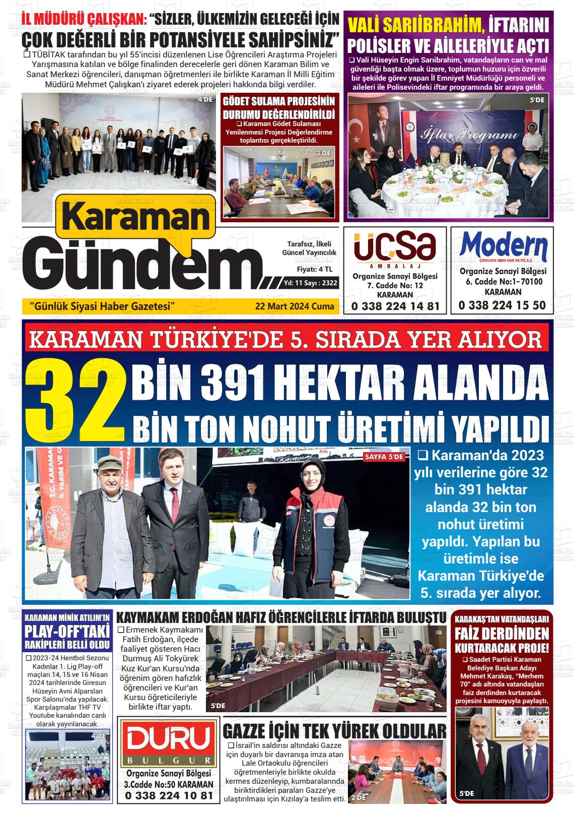 22 Mart 2024 Karaman Gündem Gazete Manşeti