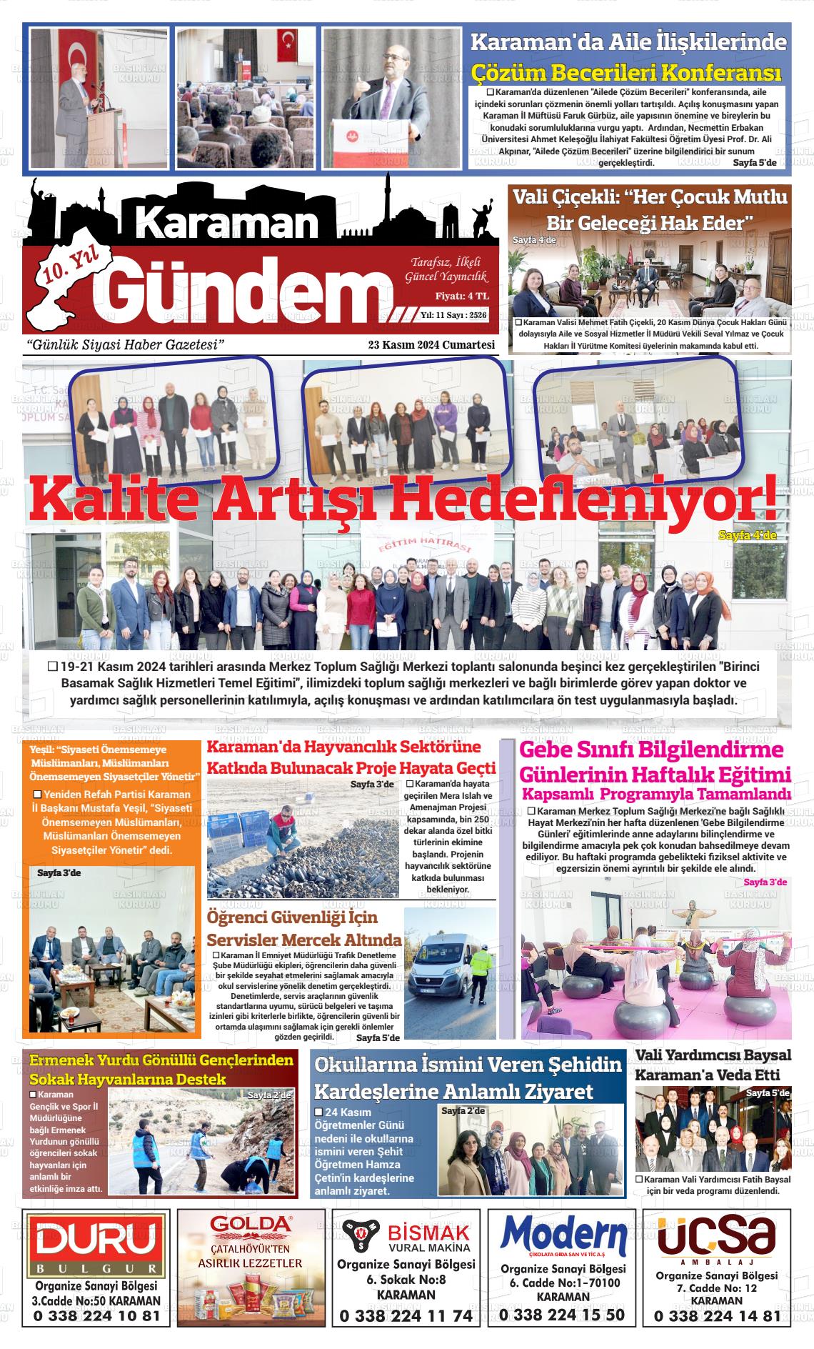 23 Kasım 2024 Karaman Gündem Gazete Manşeti