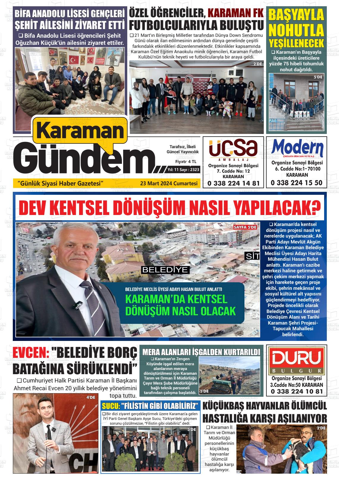 23 Mart 2024 Karaman Gündem Gazete Manşeti