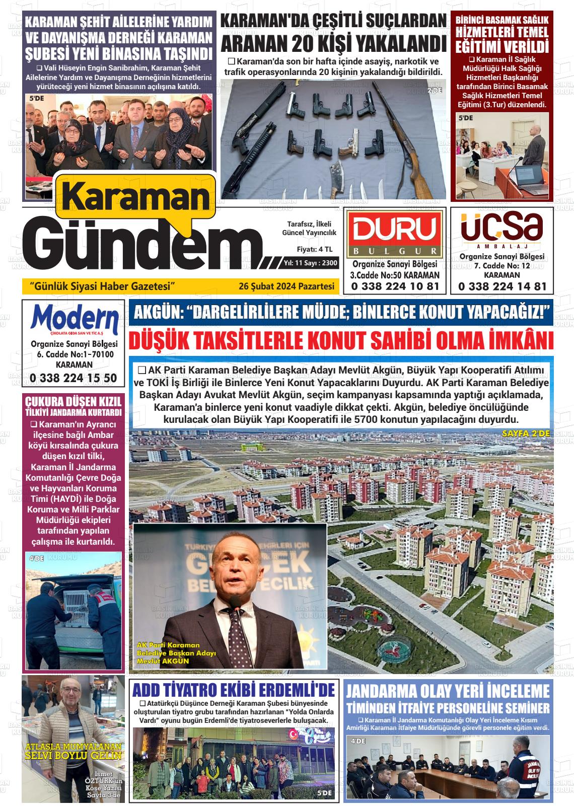 26 Şubat 2024 Karaman Gündem Gazete Manşeti