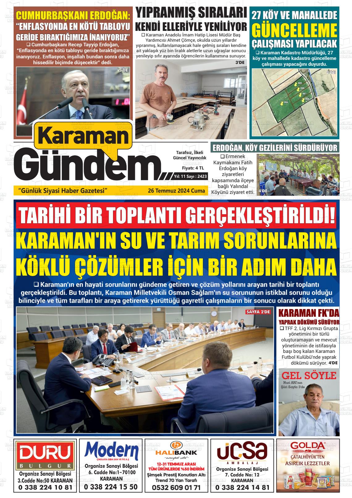 27 Temmuz 2024 Karaman Gündem Gazete Manşeti