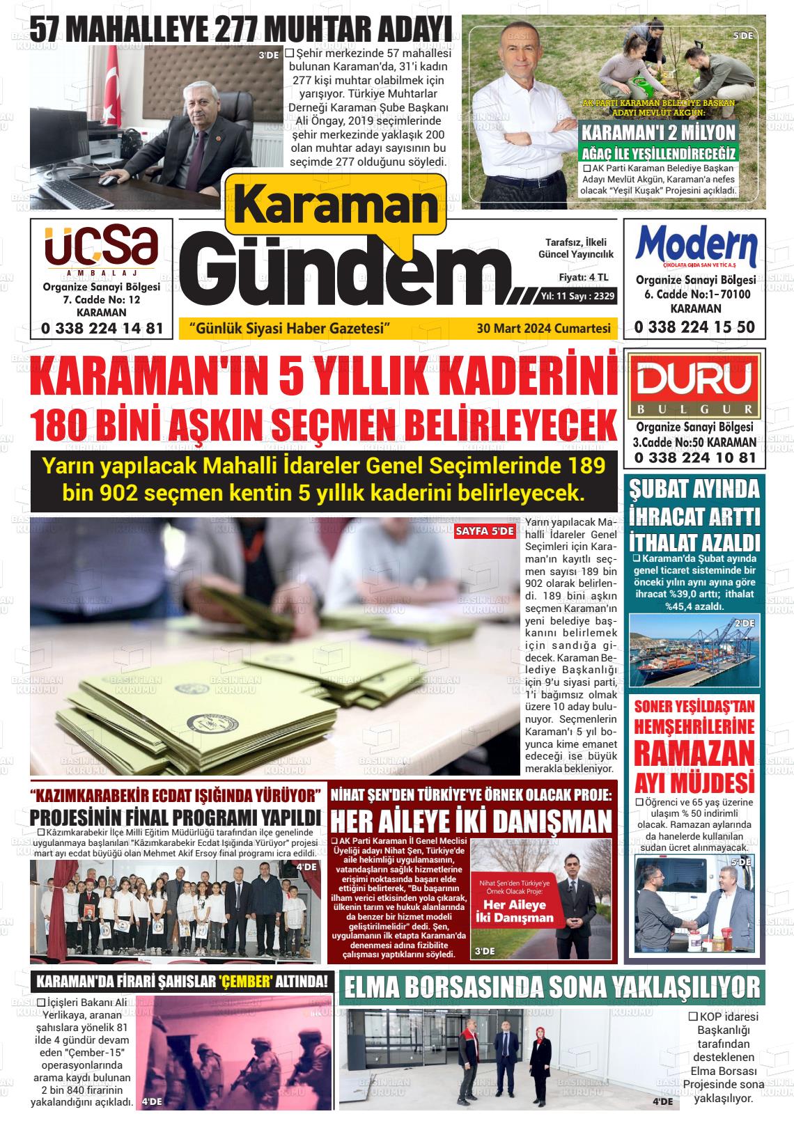 30 Mart 2024 Karaman Gündem Gazete Manşeti