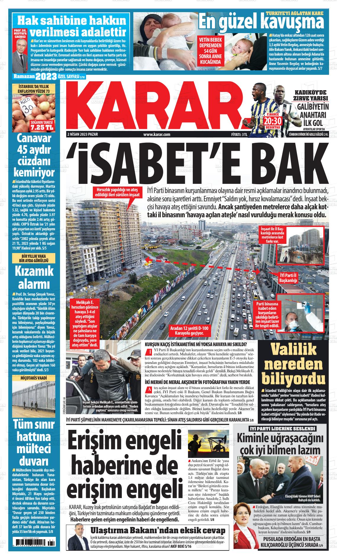 02 Nisan 2023 Karar Gazete Manşeti