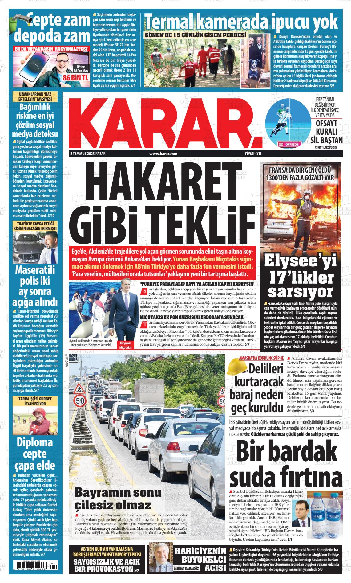 02 Temmuz 2023 Karar Gazete Manşeti