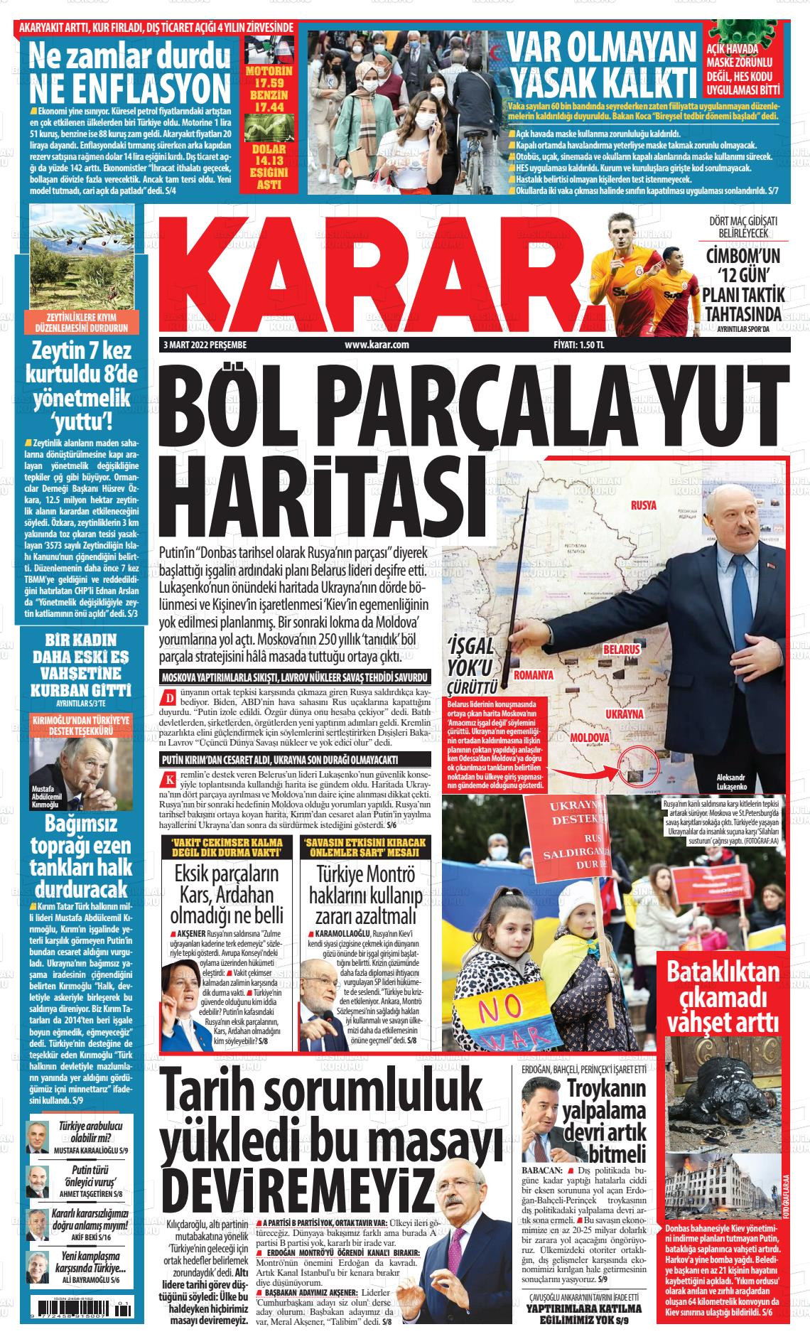 03 Mart 2022 Karar Gazete Manşeti