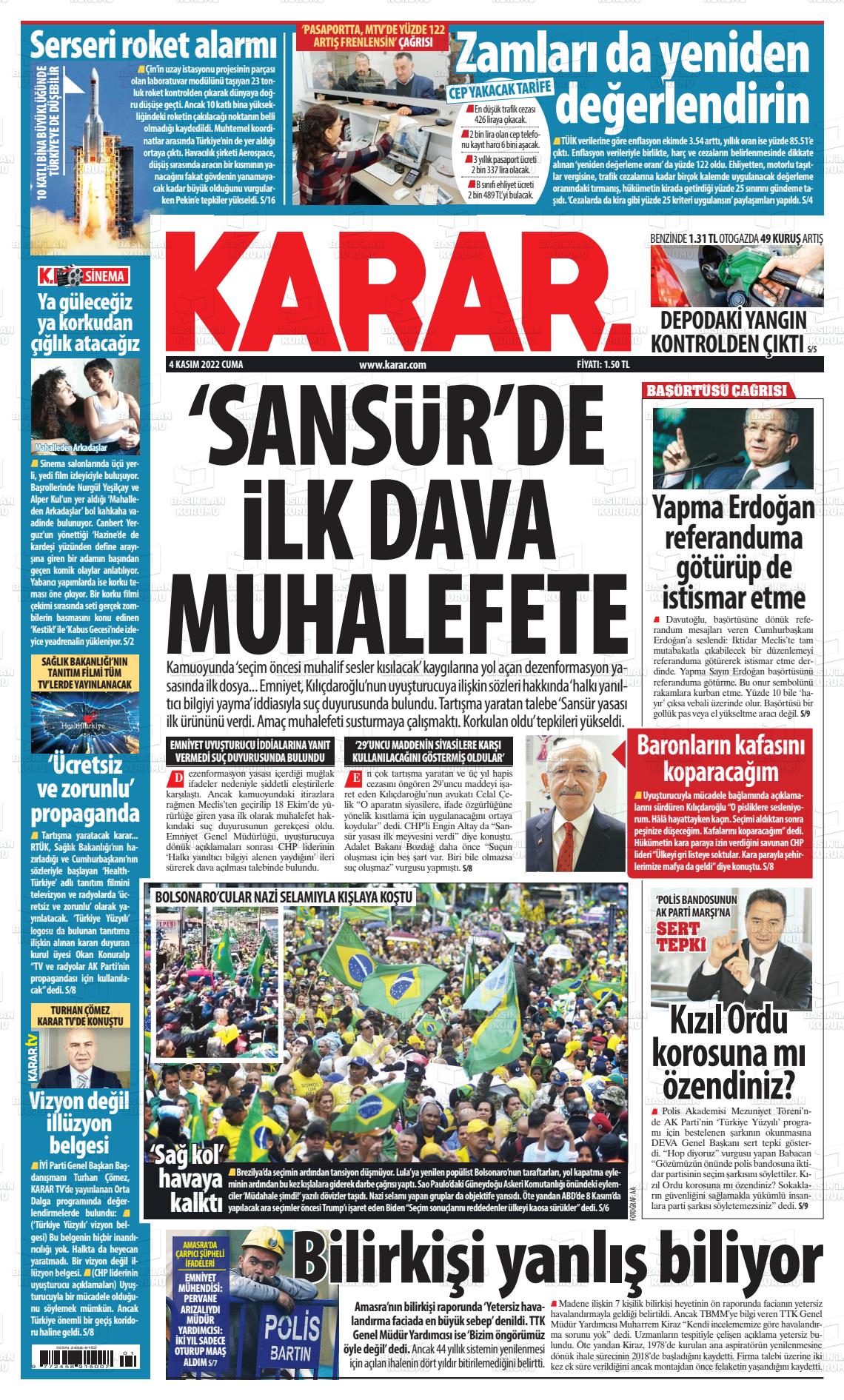 04 Kasım 2022 Karar Gazete Manşeti