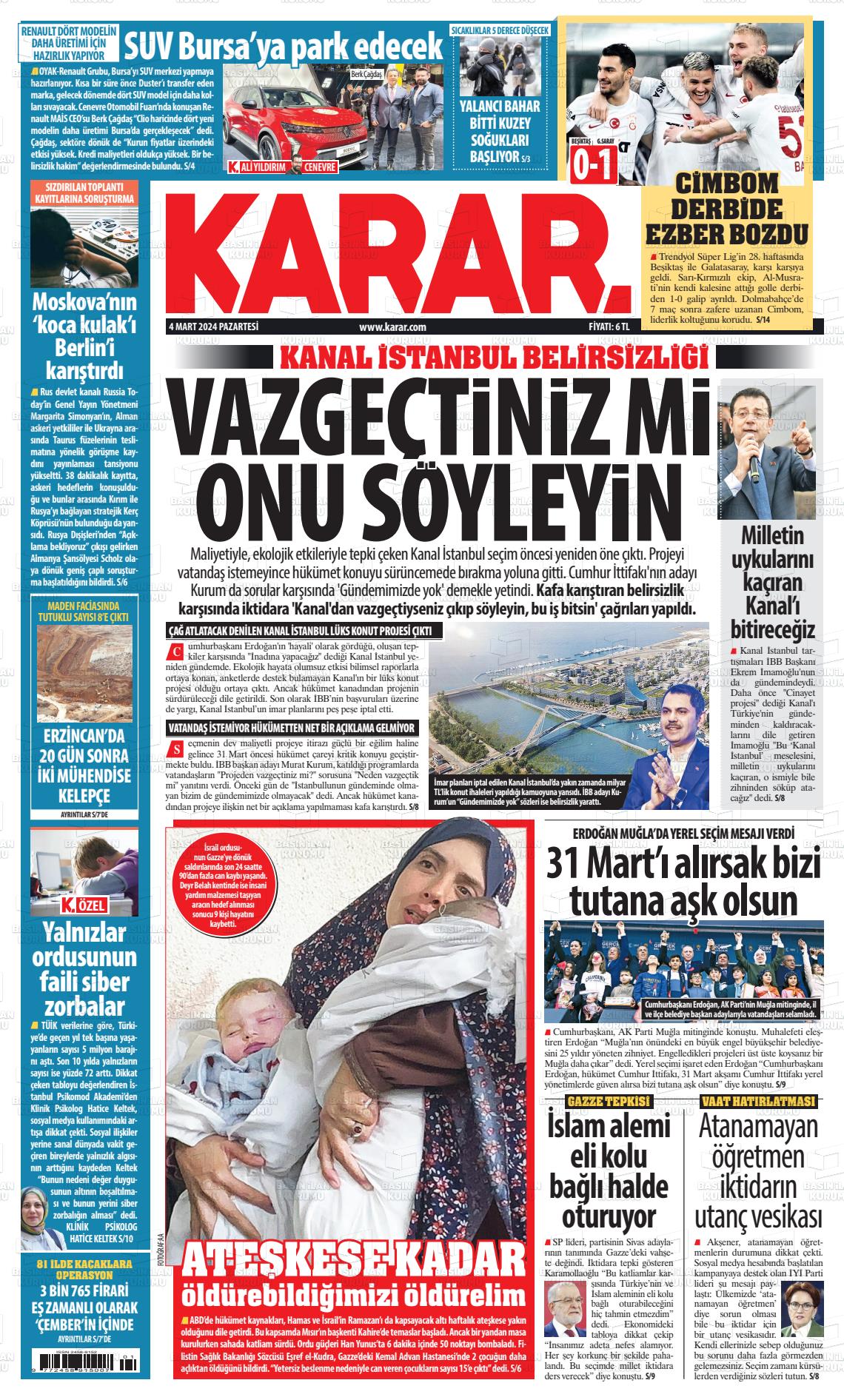 04 Mart 2024 Karar Gazete Manşeti