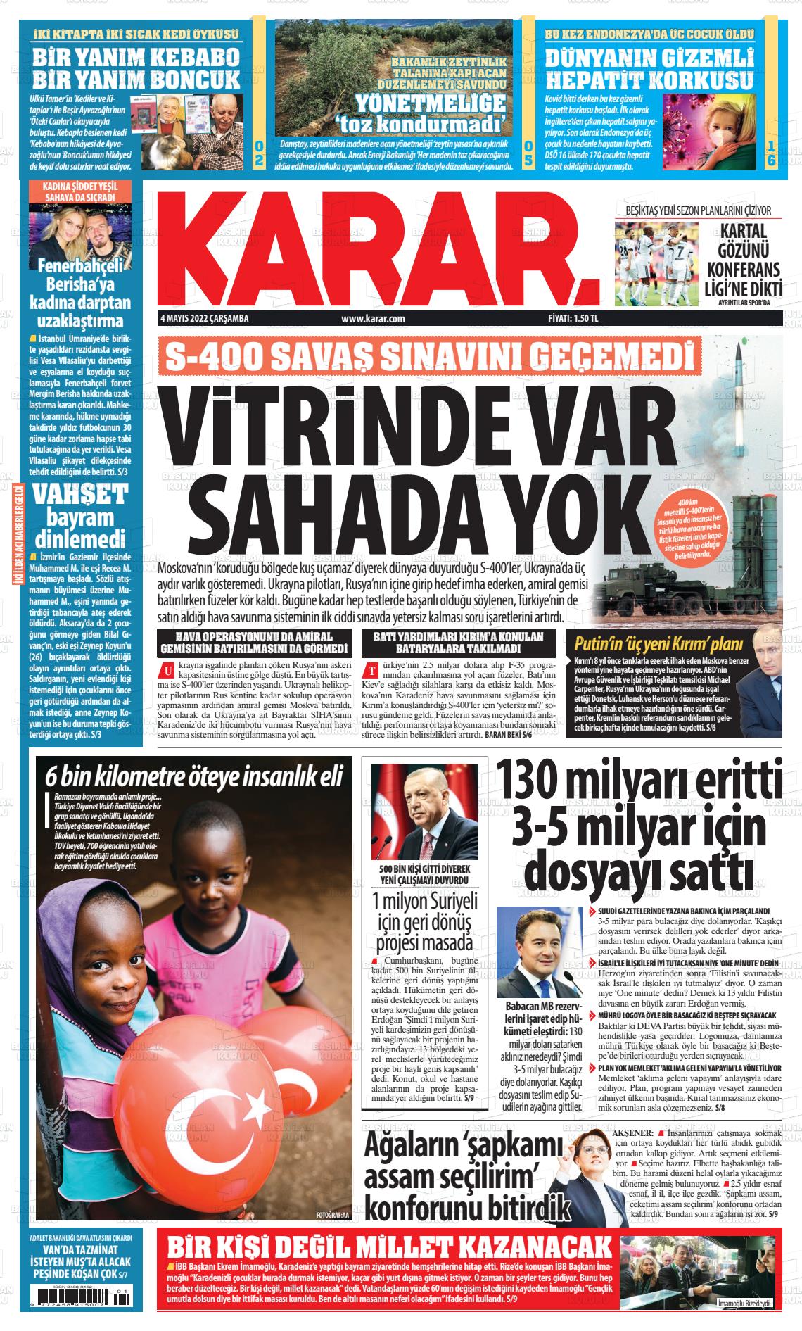 04 Mayıs 2022 Karar Gazete Manşeti