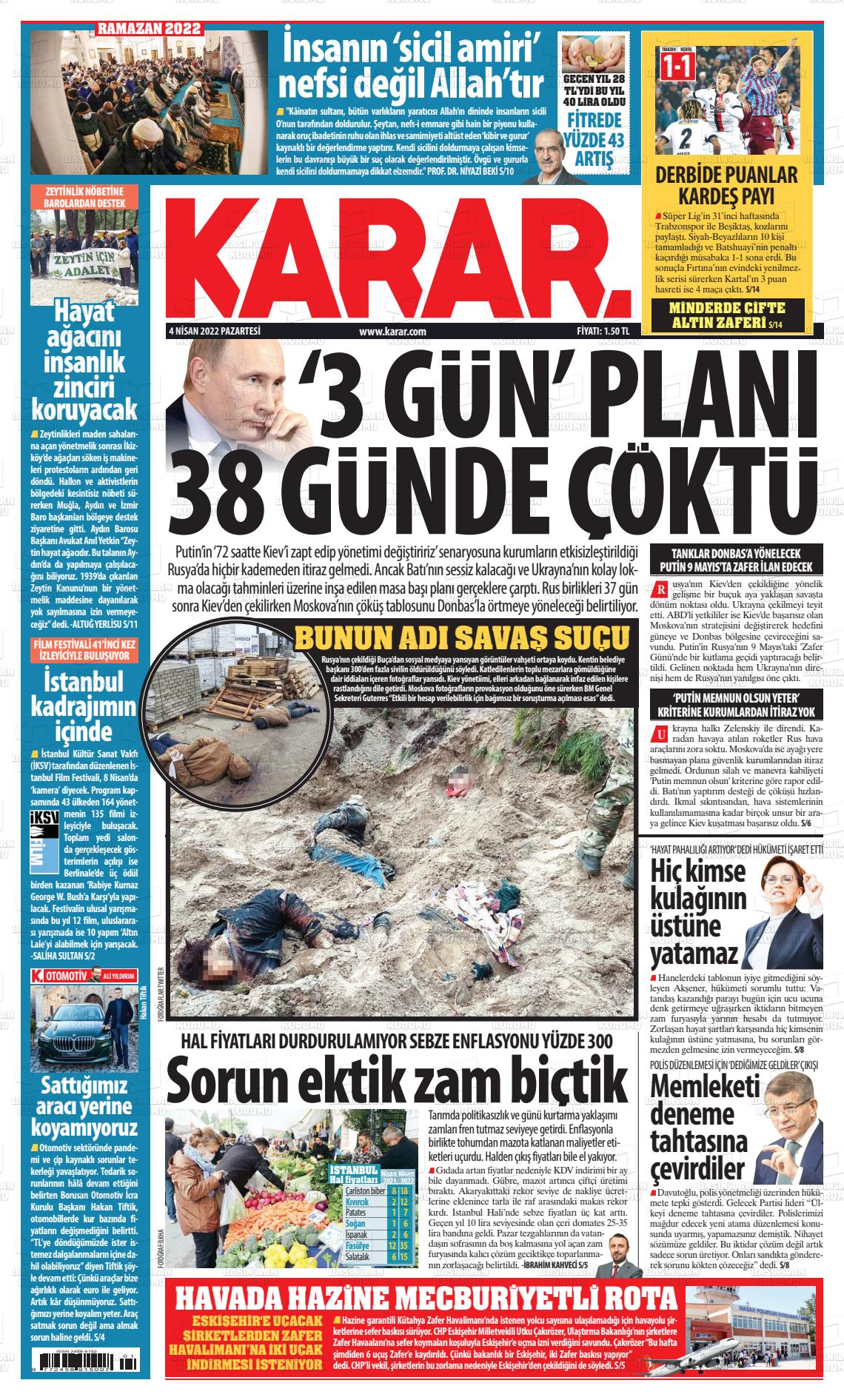 04 Nisan 2022 Karar Gazete Manşeti