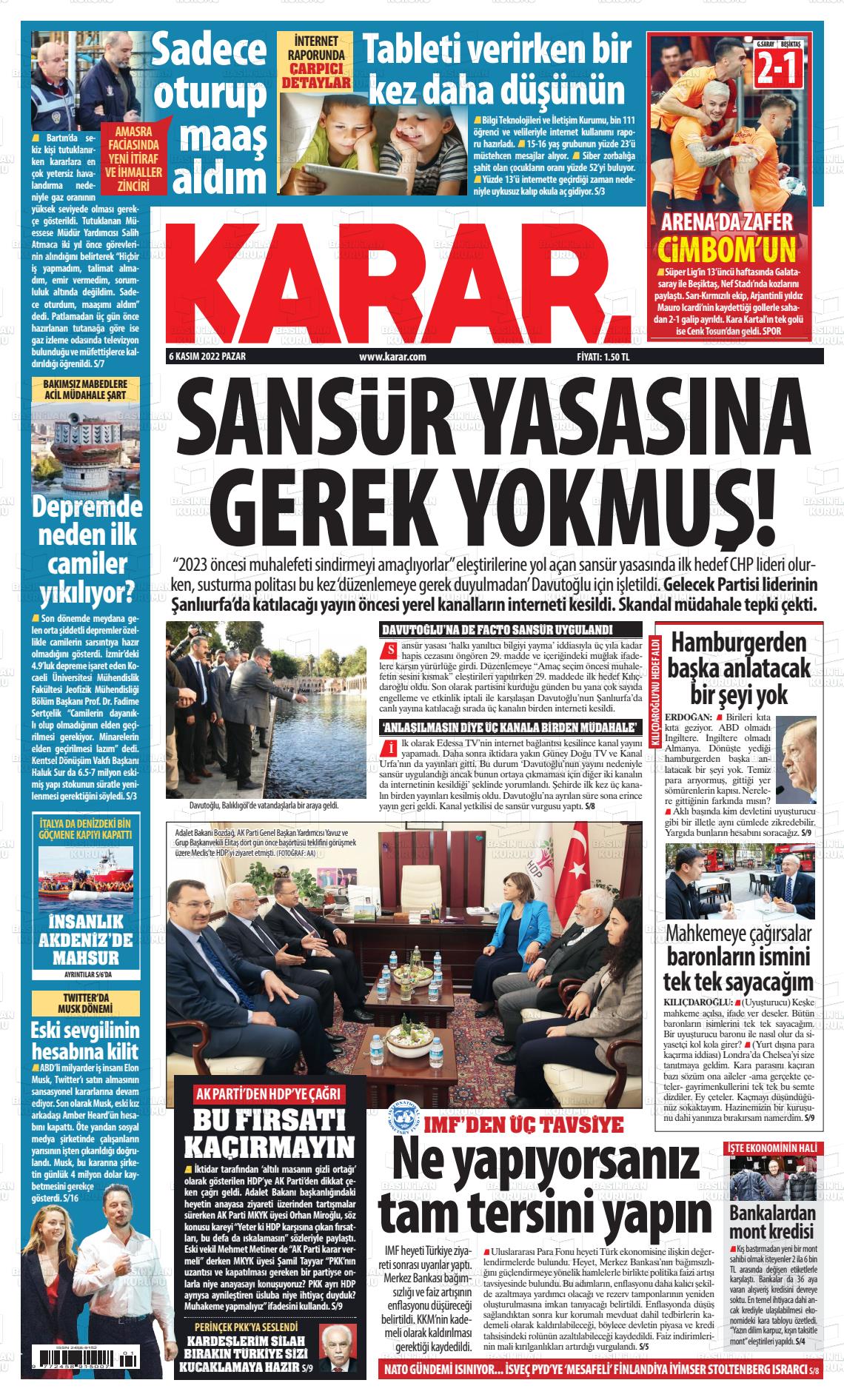 06 Kasım 2022 Karar Gazete Manşeti