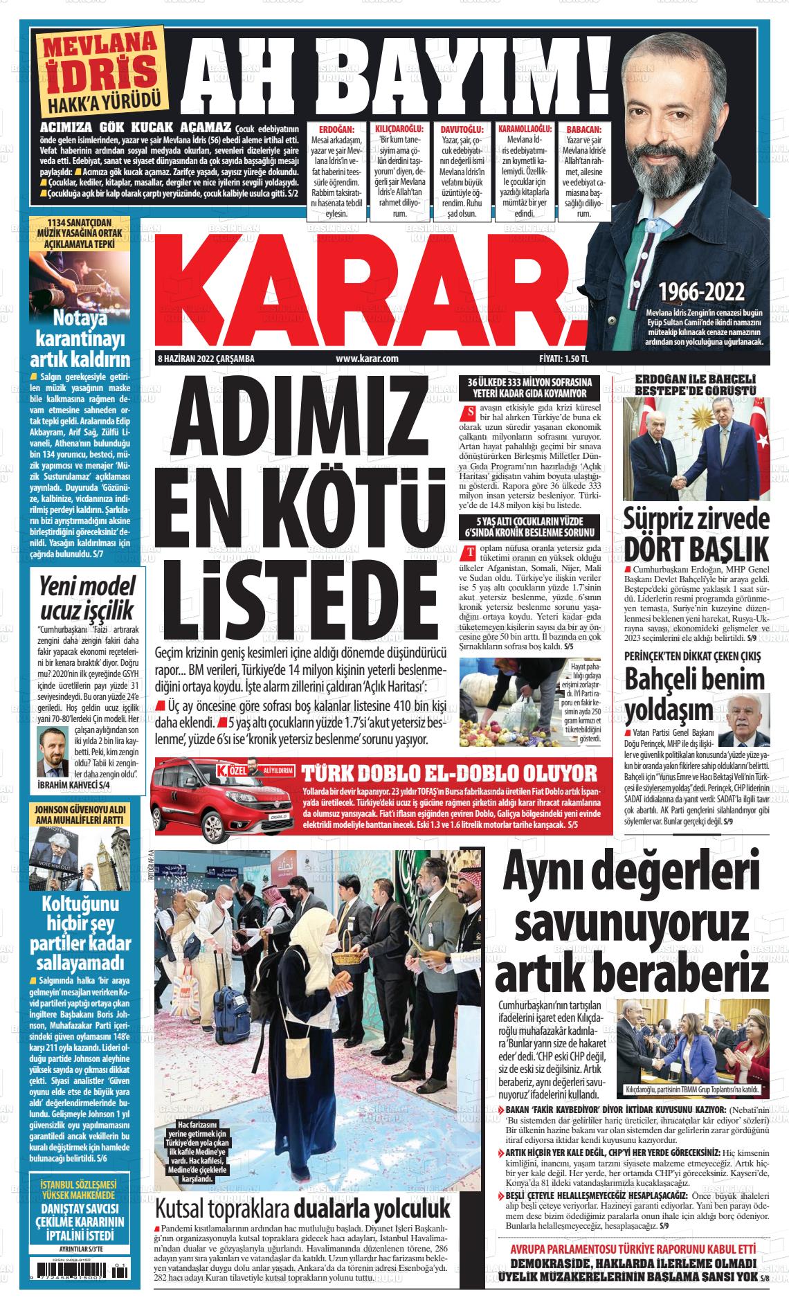 08 Haziran 2022 Karar Gazete Manşeti