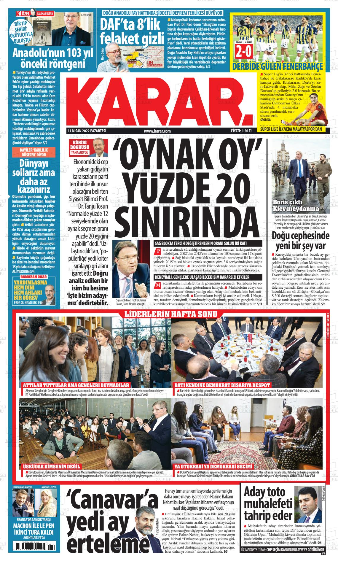 11 Nisan 2022 Karar Gazete Manşeti