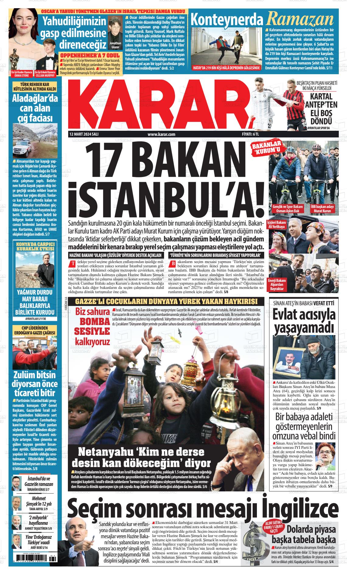 12 Mart 2024 Karar Gazete Manşeti