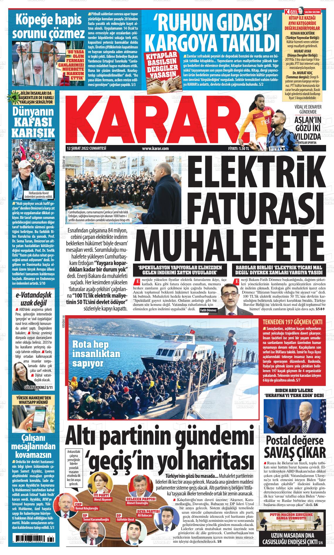 12 Şubat 2022 Karar Gazete Manşeti