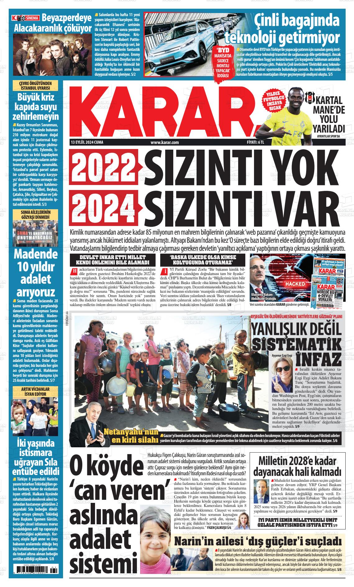 13 Eylül 2024 Karar Gazete Manşeti