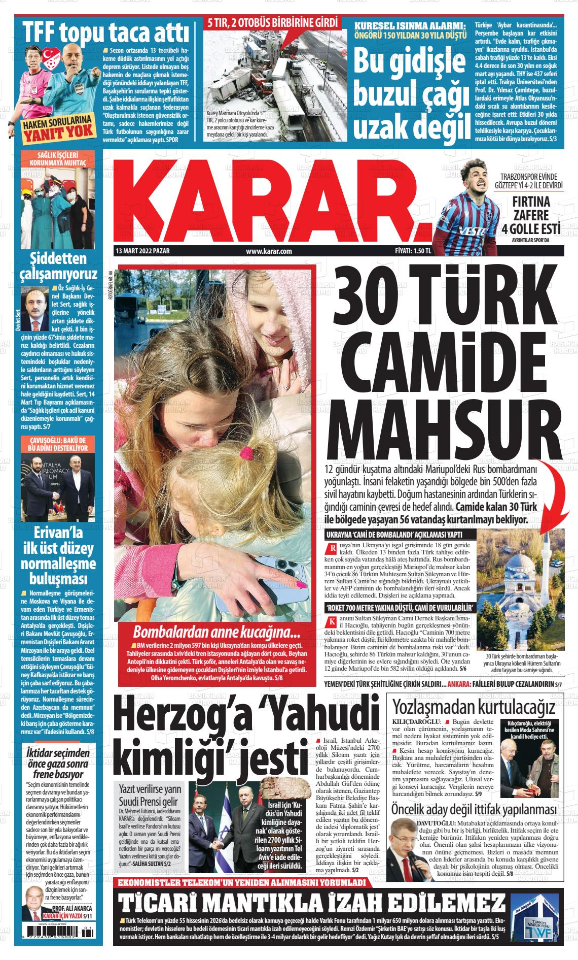 13 Mart 2022 Karar Gazete Manşeti