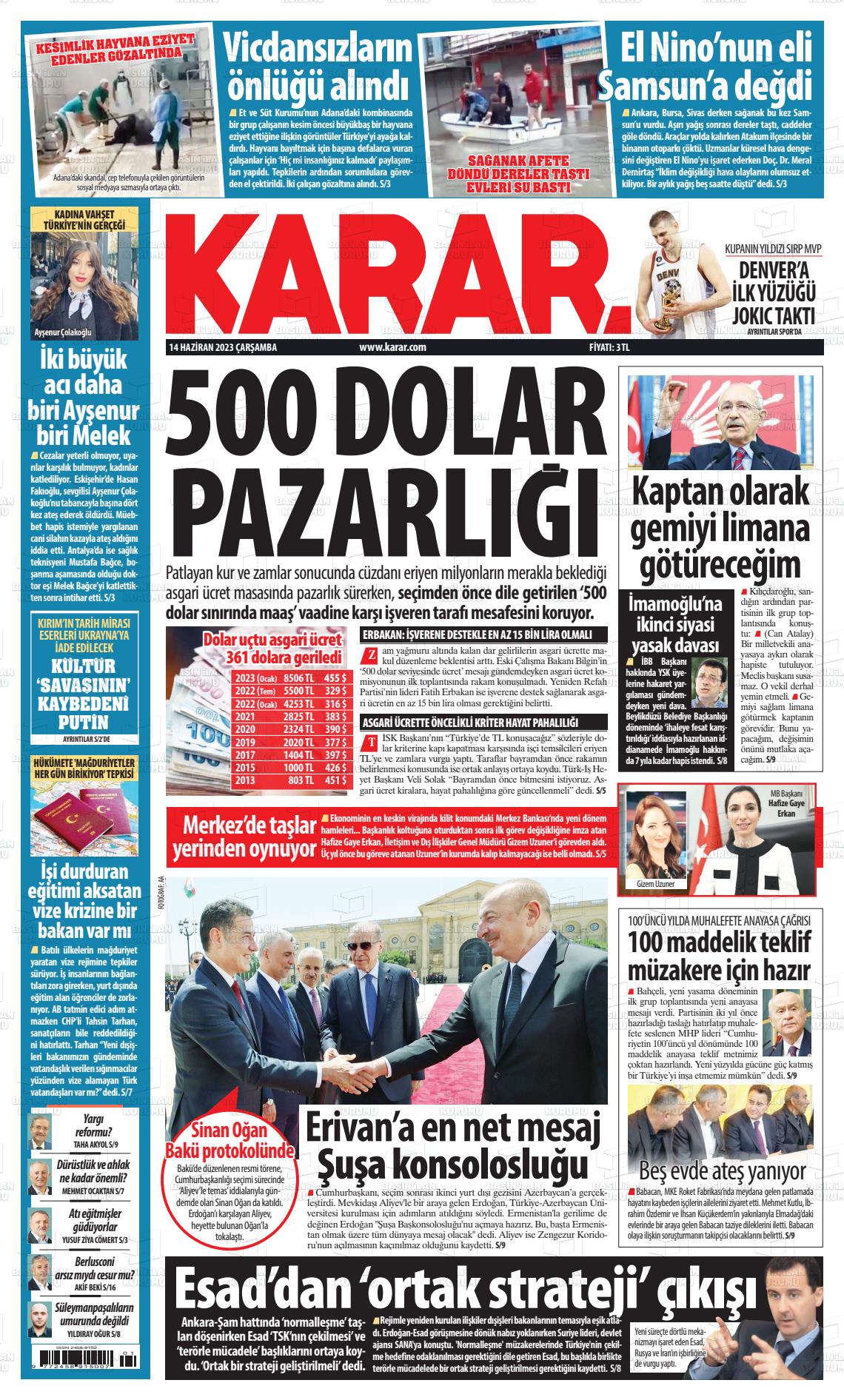 14 Haziran 2023 Karar Gazete Manşeti