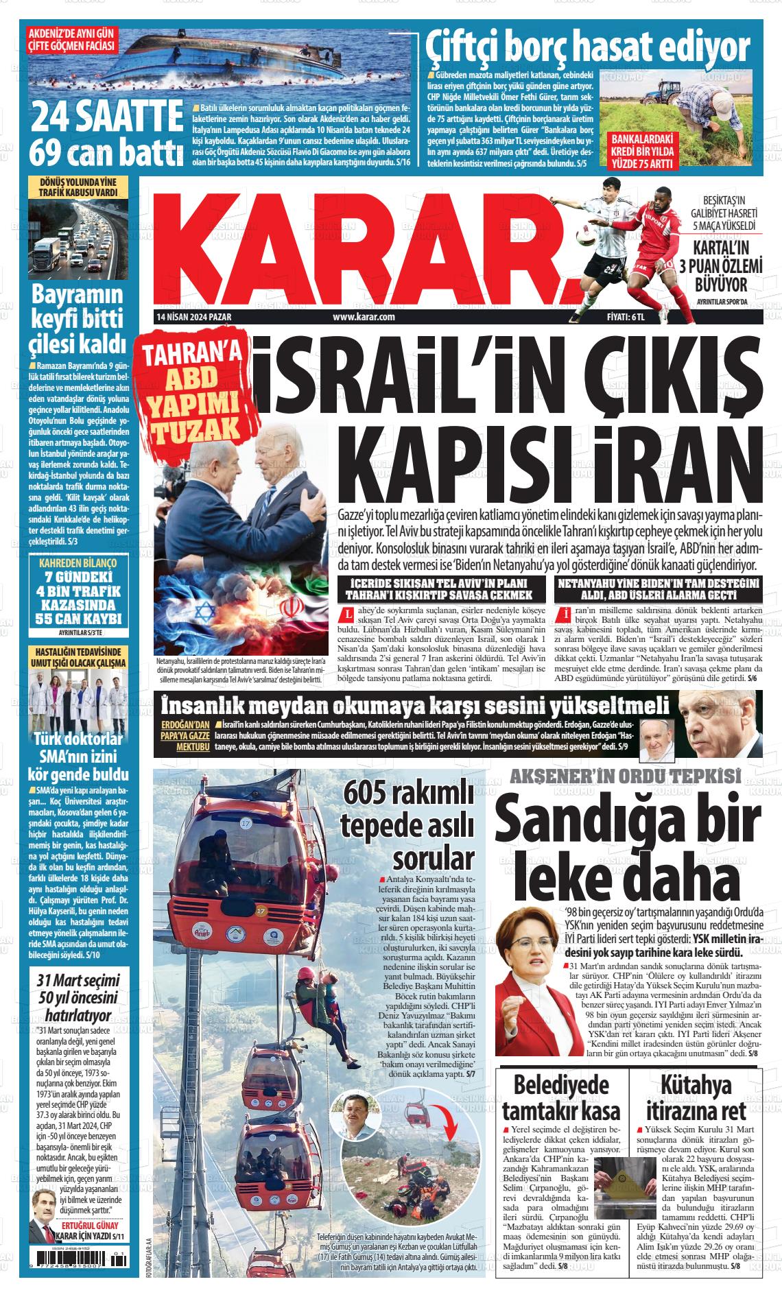 14 Nisan 2024 Karar Gazete Manşeti