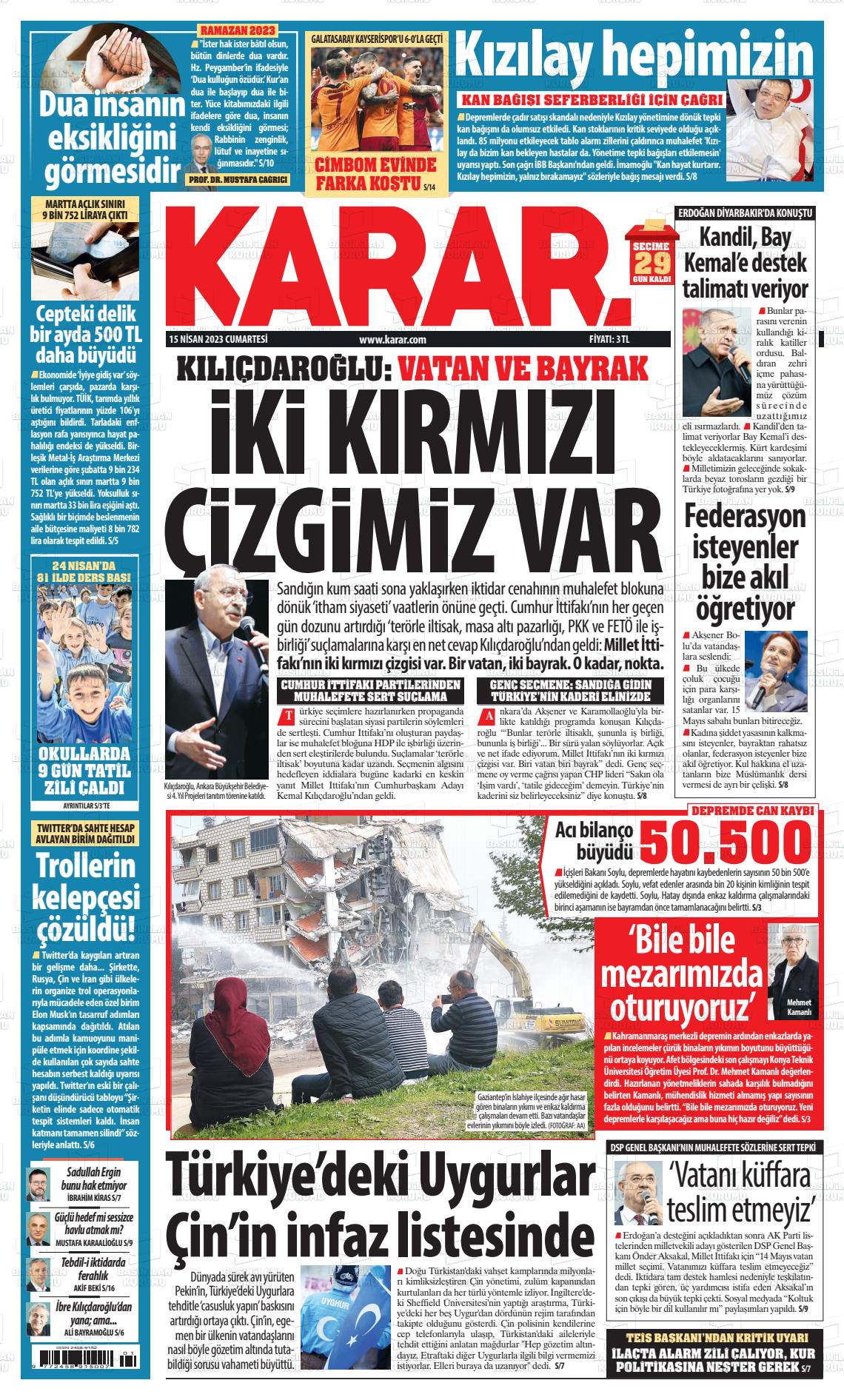 15 Nisan 2023 Karar Gazete Manşeti