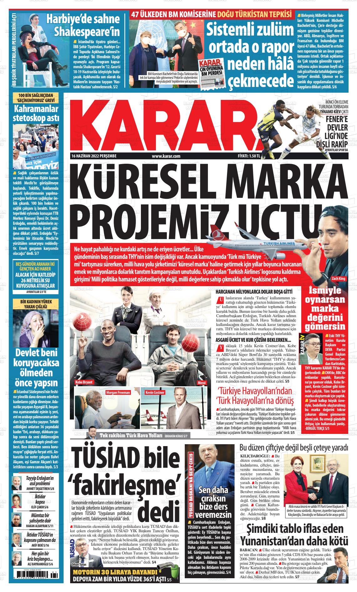 16 Haziran 2022 Karar Gazete Manşeti