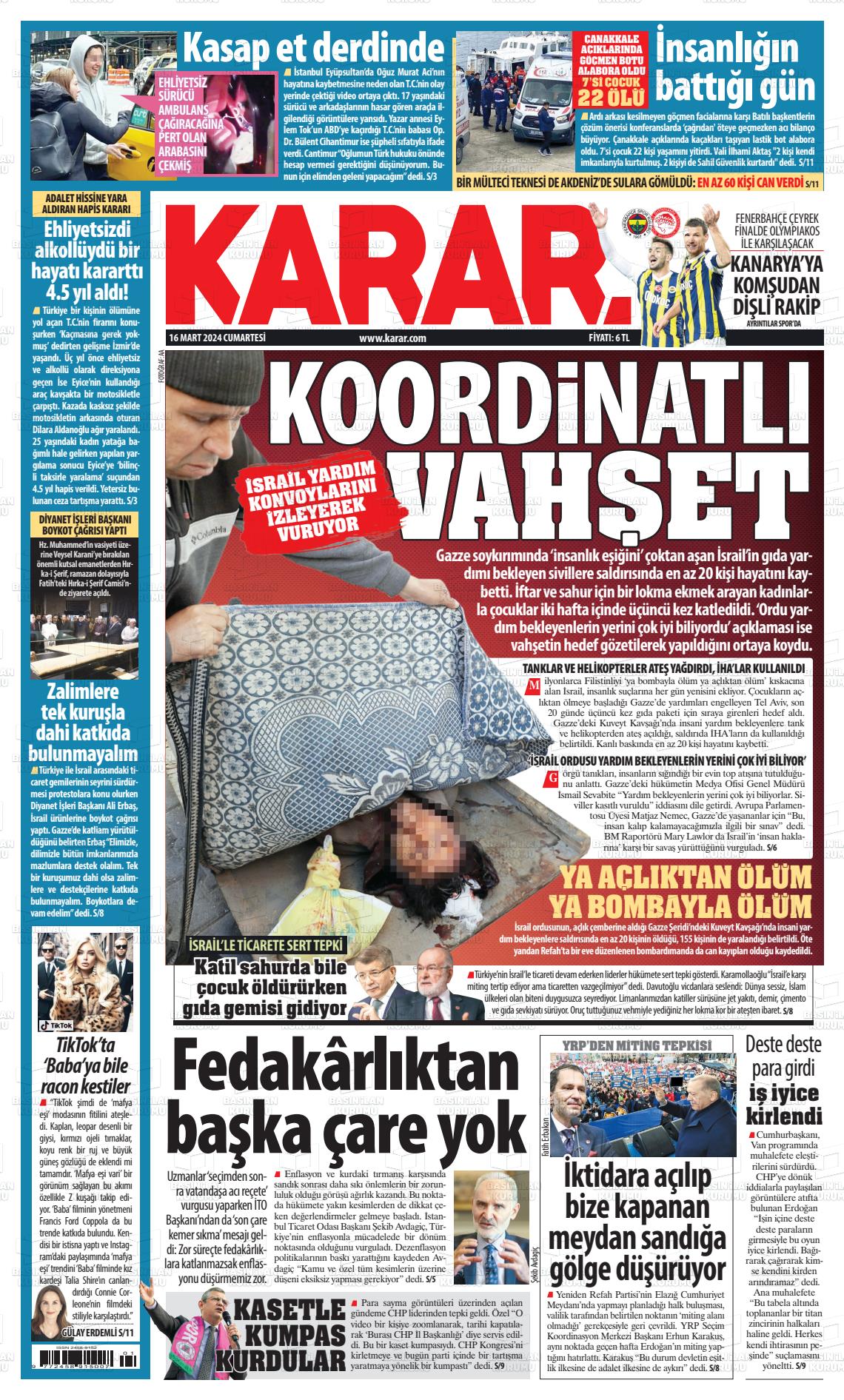 16 Mart 2024 Karar Gazete Manşeti