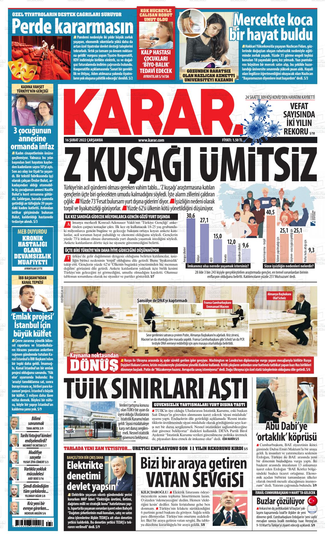 16 Şubat 2022 Karar Gazete Manşeti