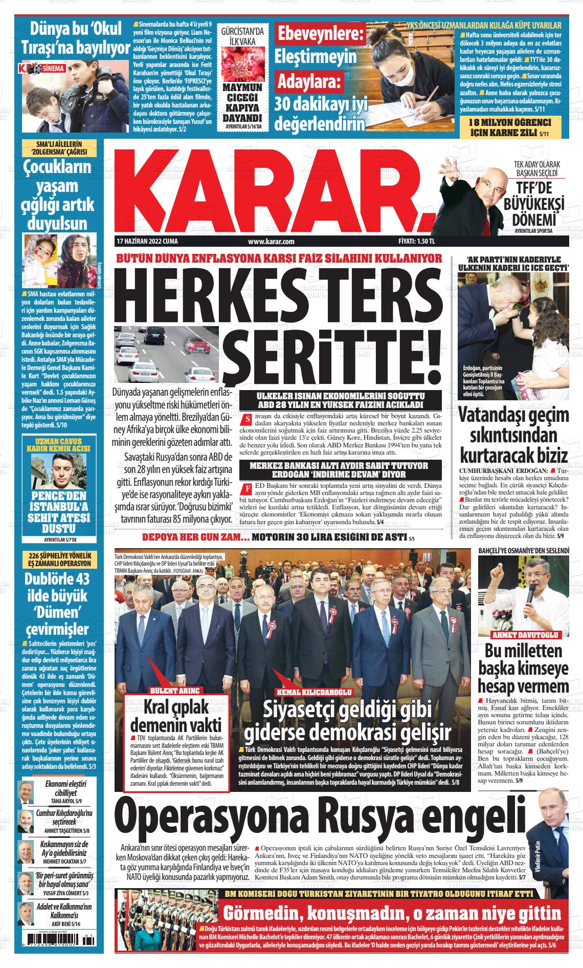 17 Haziran 2022 Karar Gazete Manşeti