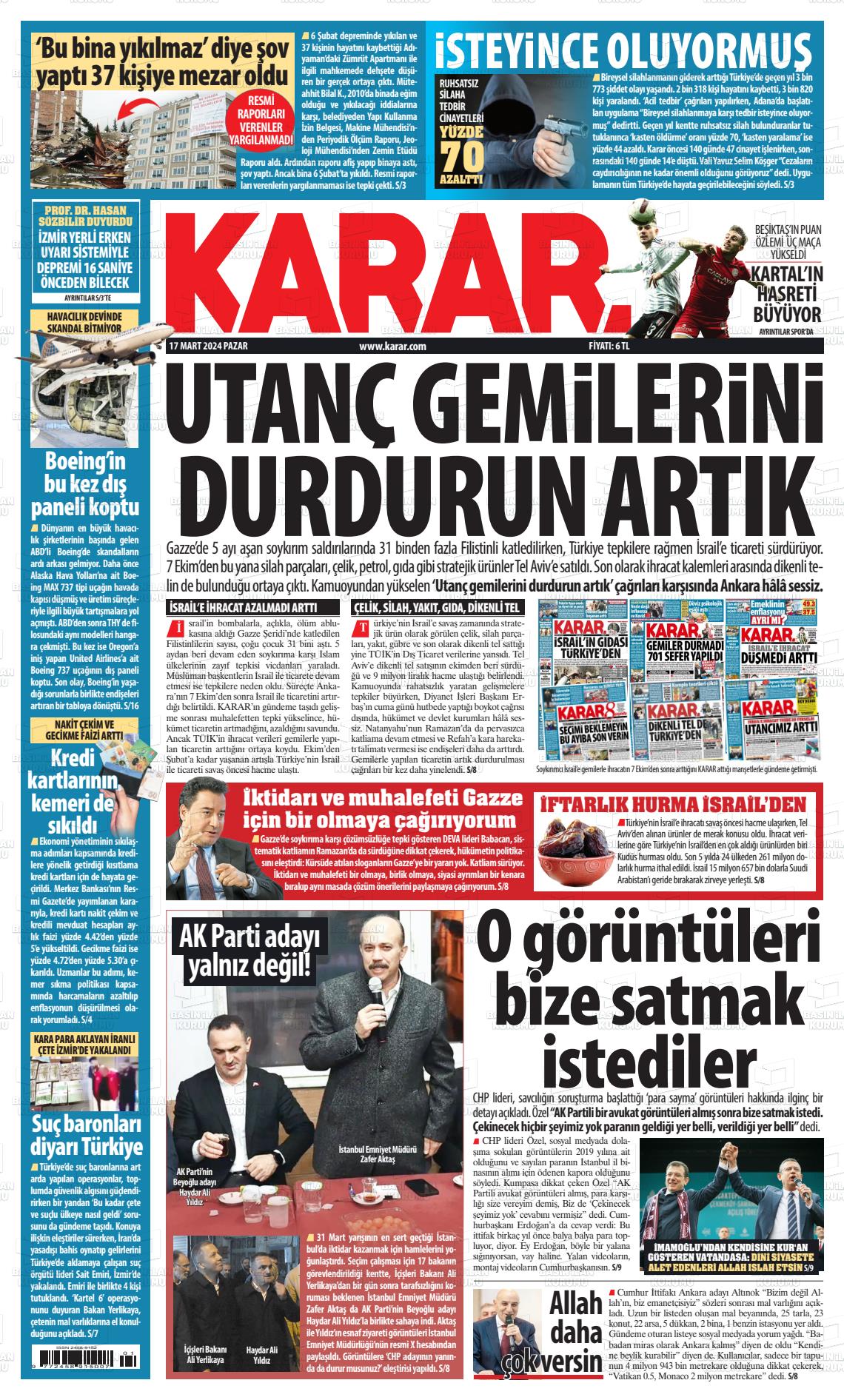 17 Mart 2024 Karar Gazete Manşeti