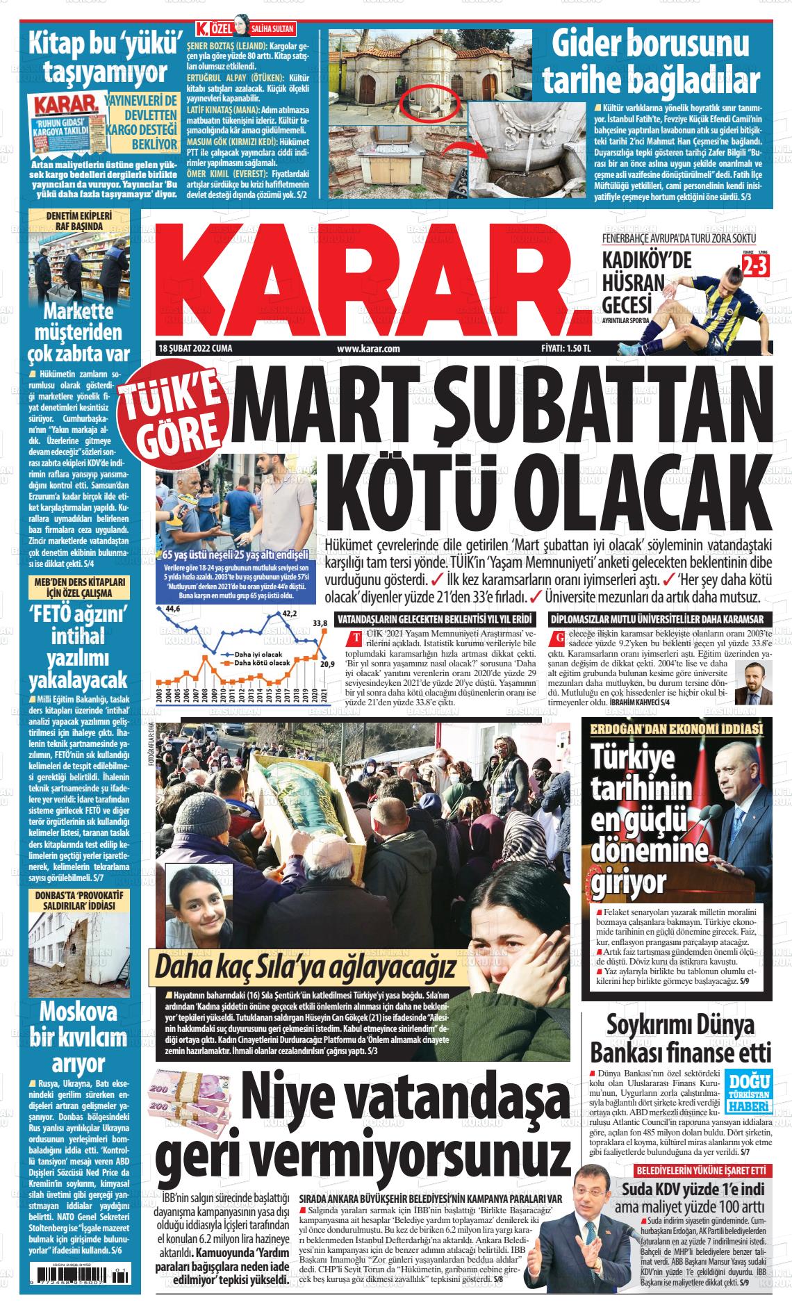 18 Şubat 2022 Karar Gazete Manşeti