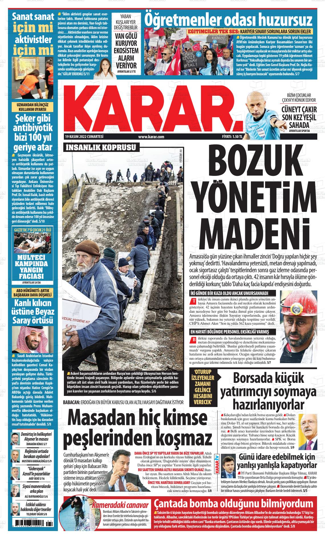 19 Kasım 2022 Karar Gazete Manşeti