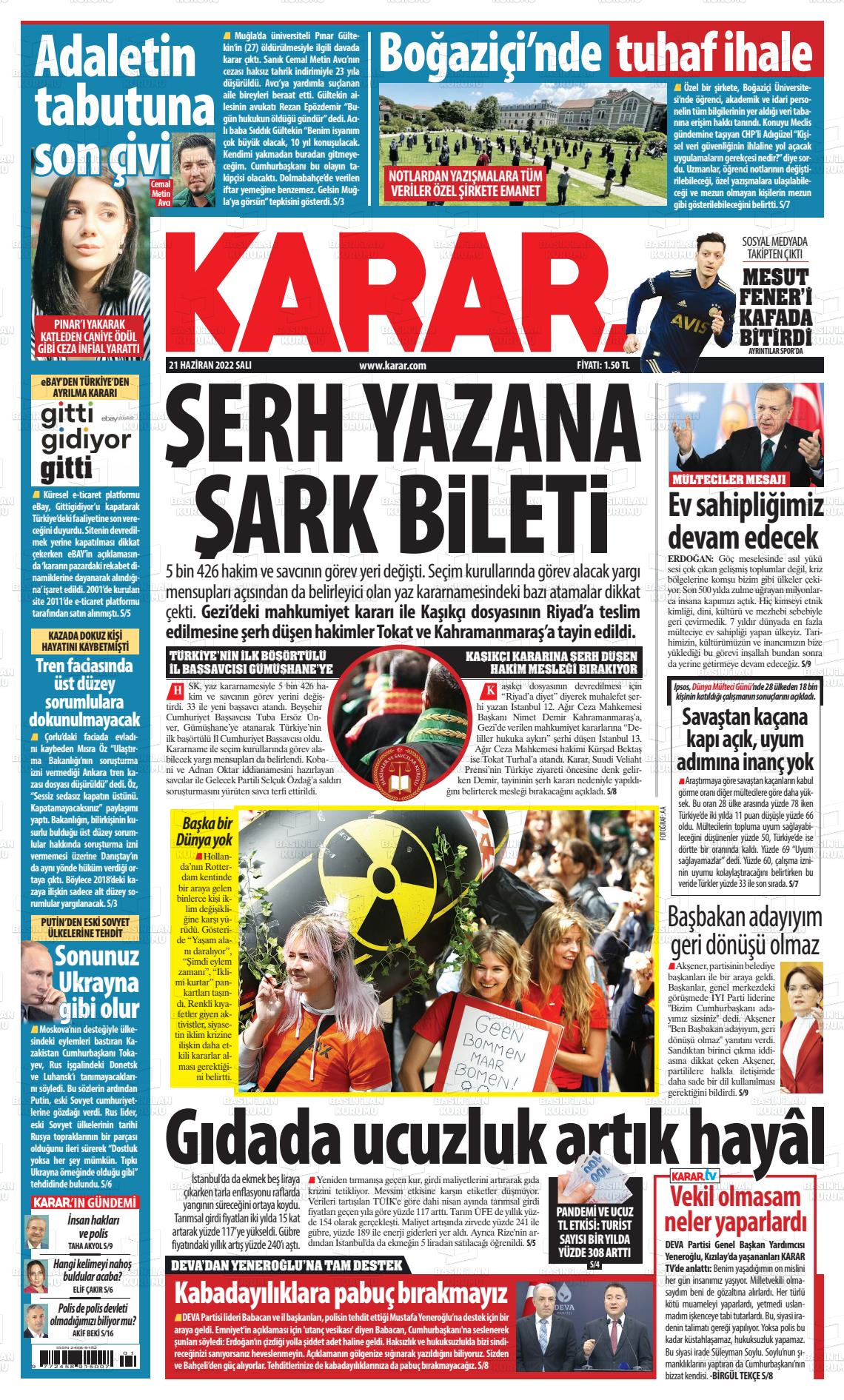 21 Haziran 2022 Karar Gazete Manşeti