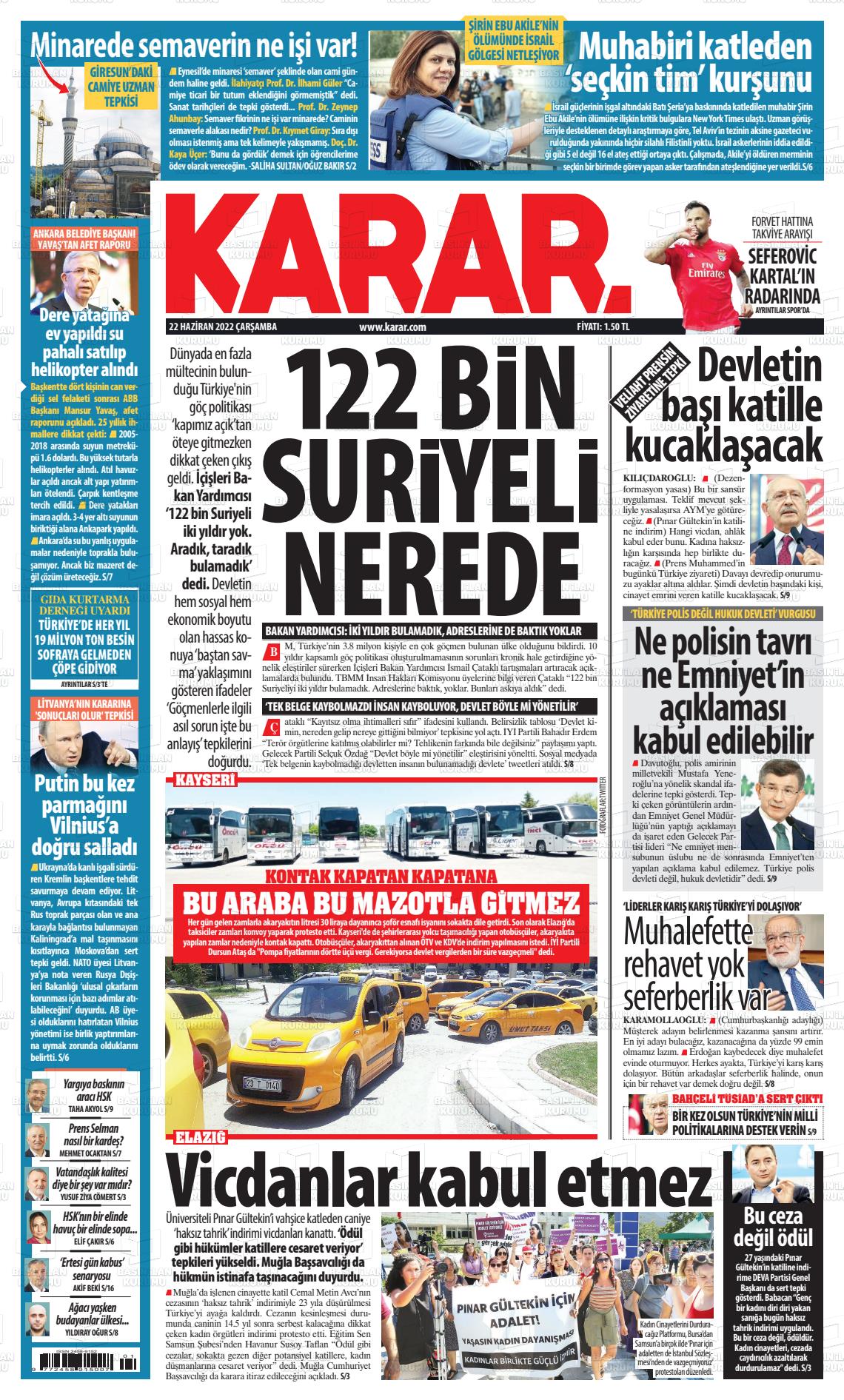 22 Haziran 2022 Karar Gazete Manşeti