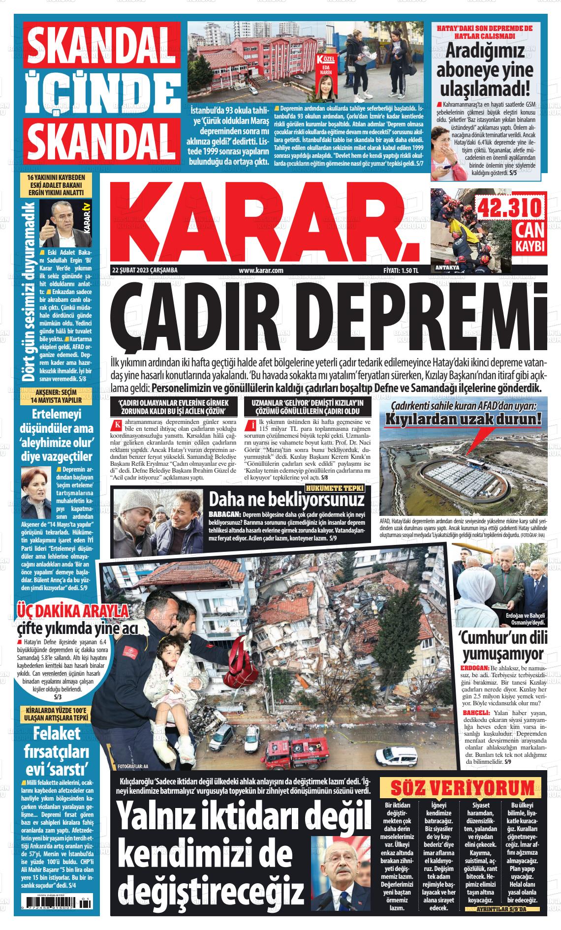 22 Şubat 2023 Karar Gazete Manşeti