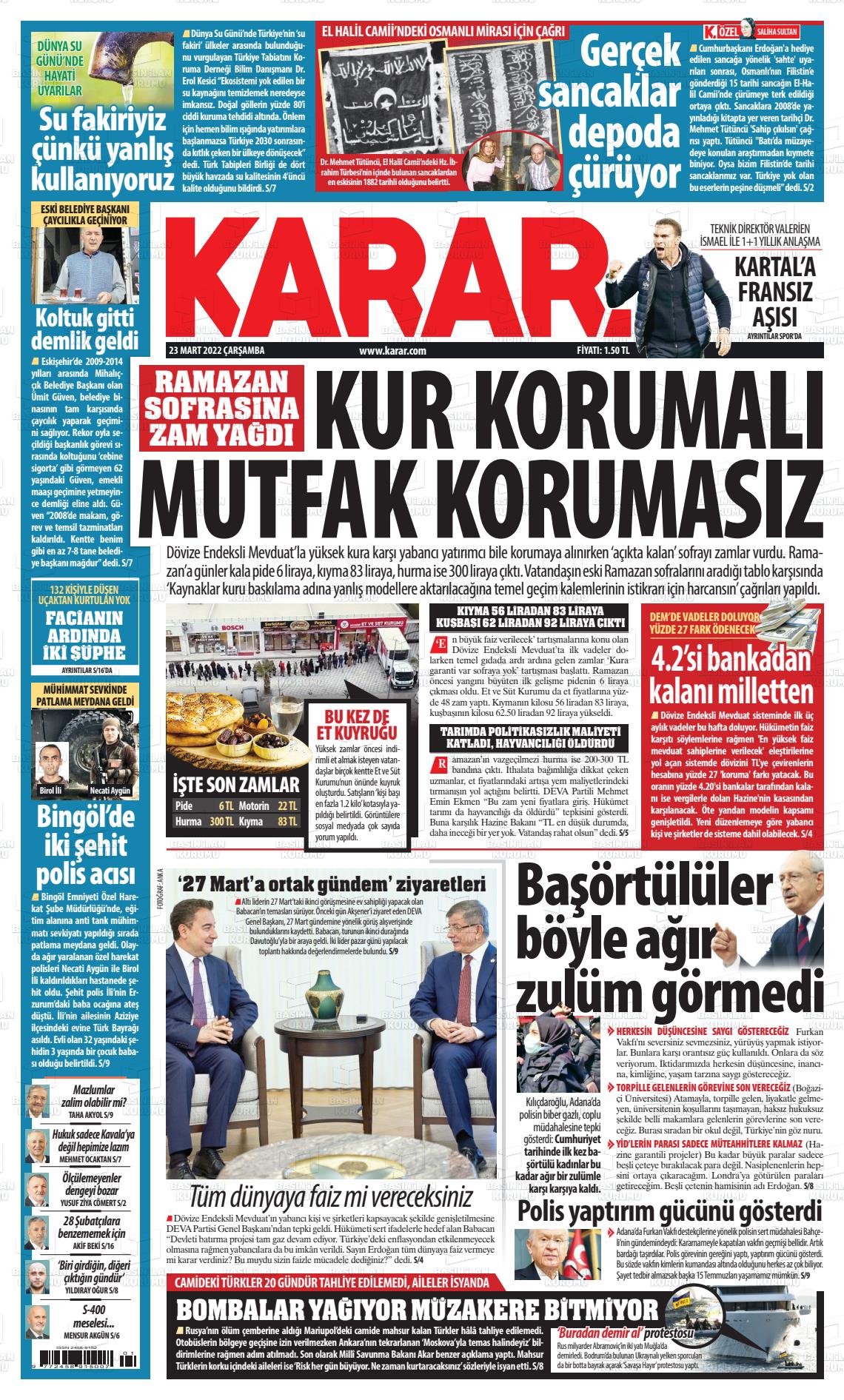 23 Mart 2022 Karar Gazete Manşeti