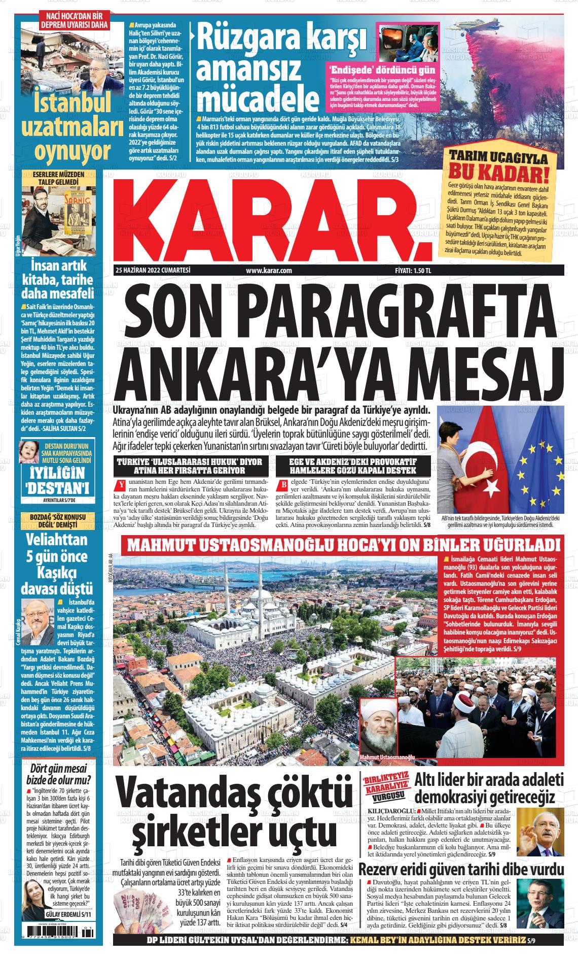 25 Haziran 2022 Karar Gazete Manşeti