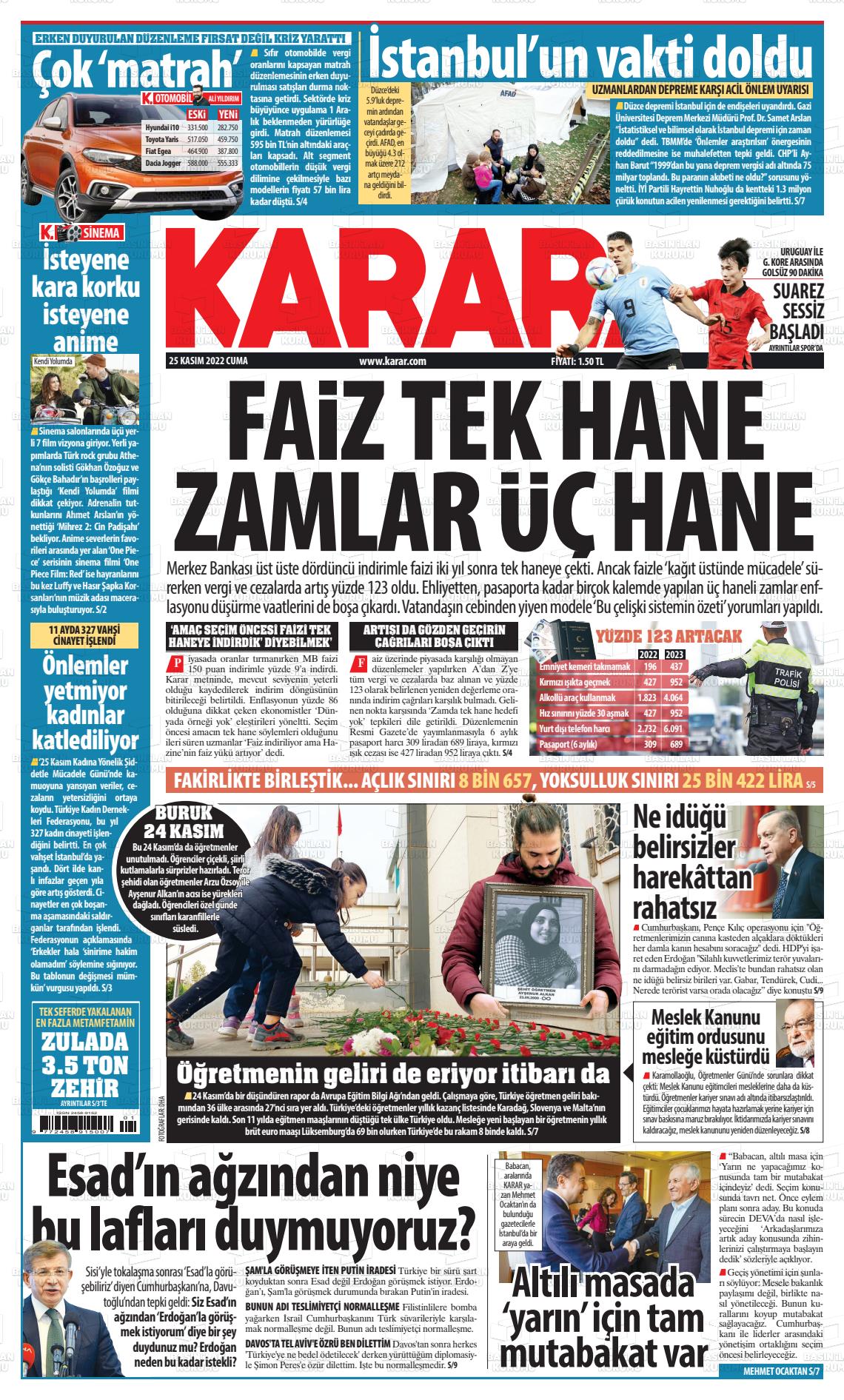 25 Kasım 2022 Karar Gazete Manşeti