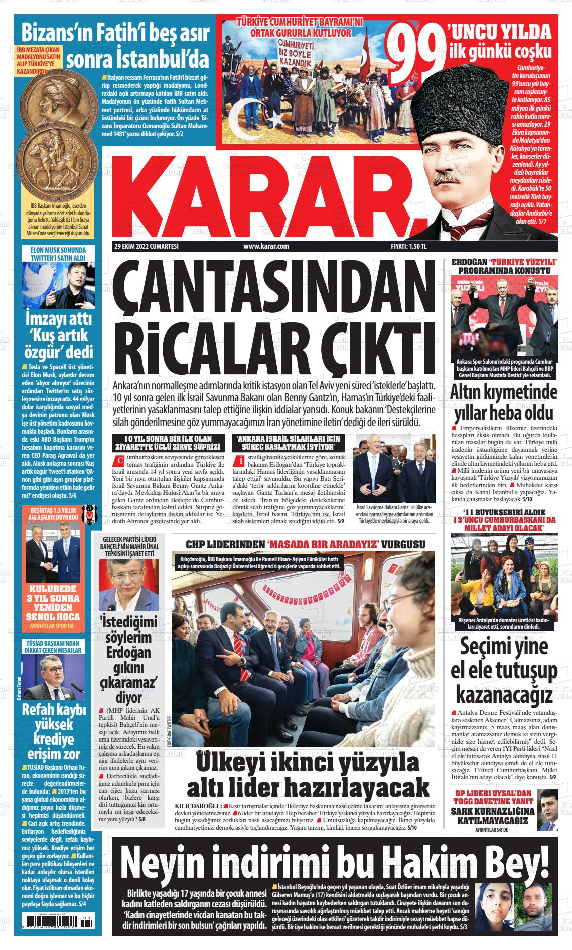 29 Ekim 2022 Karar Gazete Manşeti