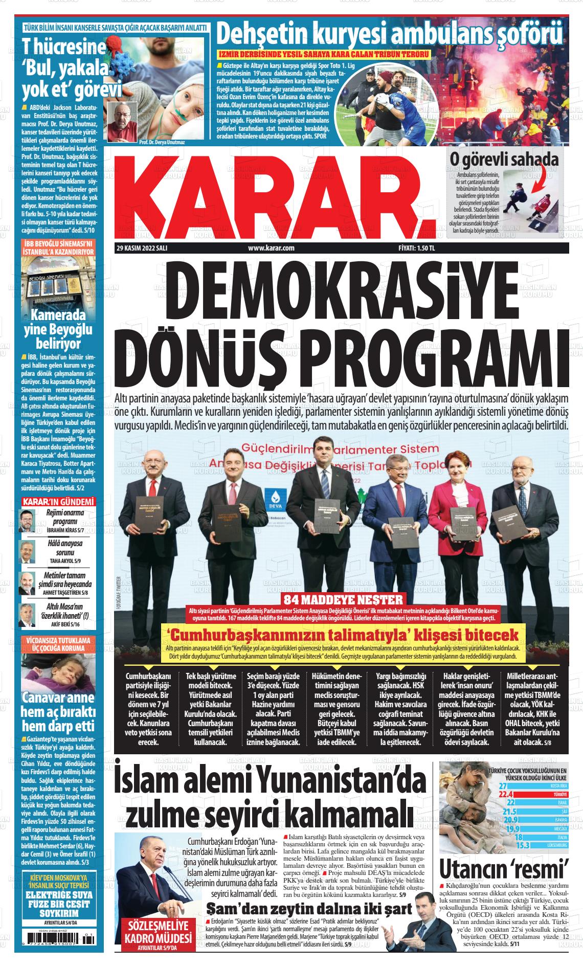 29 Kasım 2022 Karar Gazete Manşeti