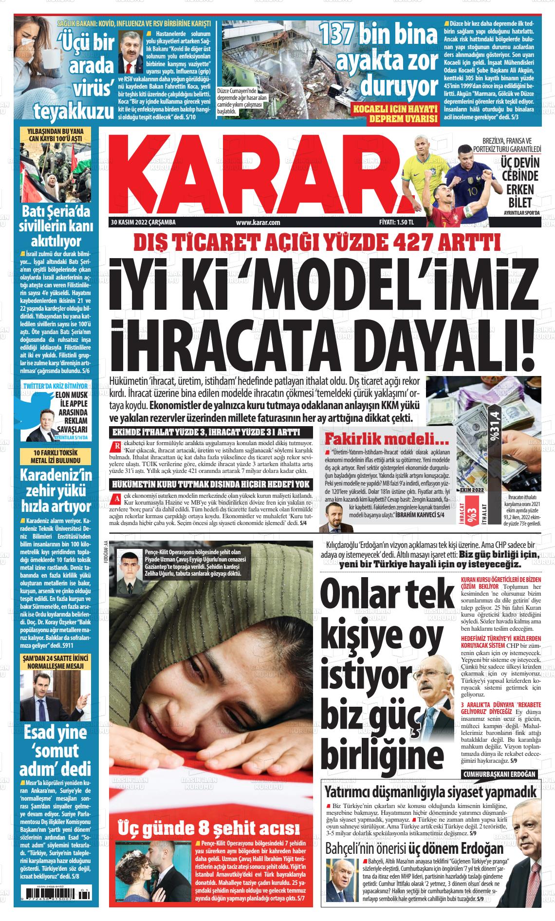 30 Kasım 2022 Karar Gazete Manşeti