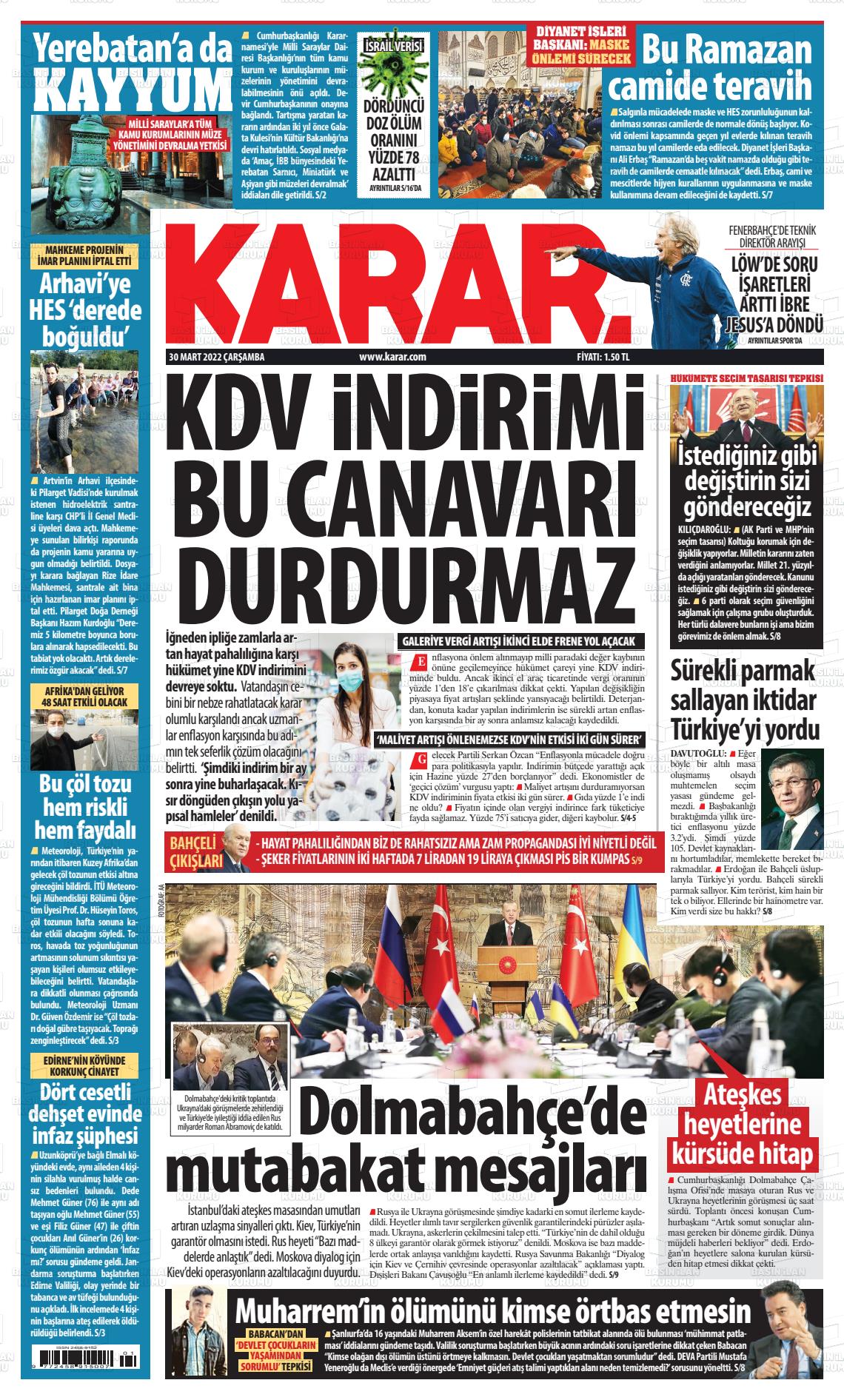 30 Mart 2022 Karar Gazete Manşeti