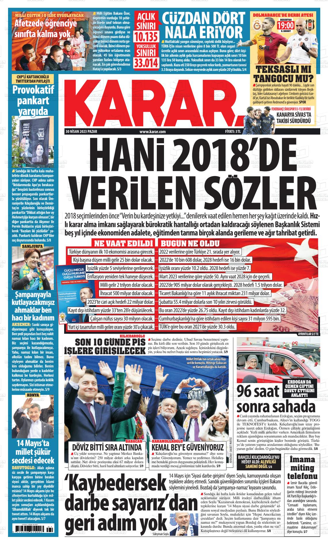 30 Nisan 2023 Karar Gazete Manşeti