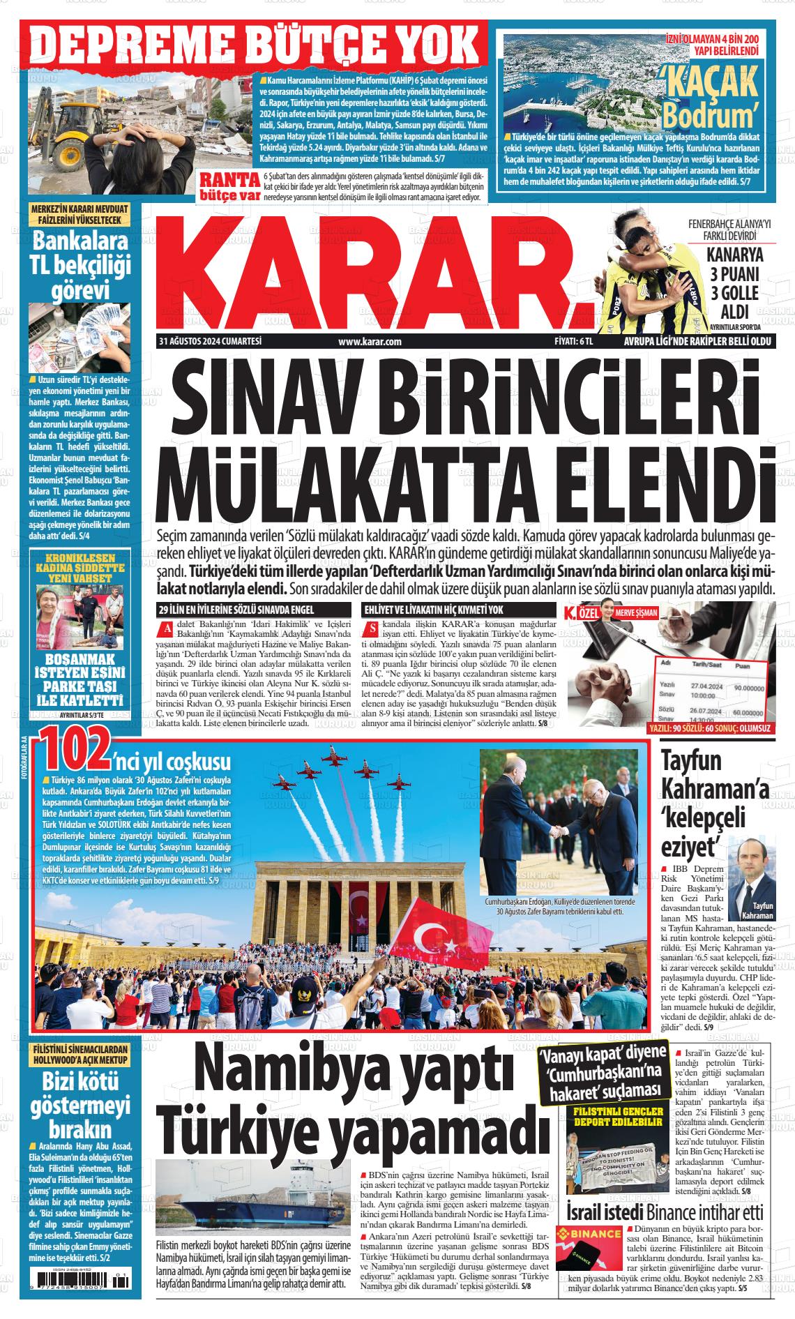 31 Ağustos 2024 Karar Gazete Manşeti