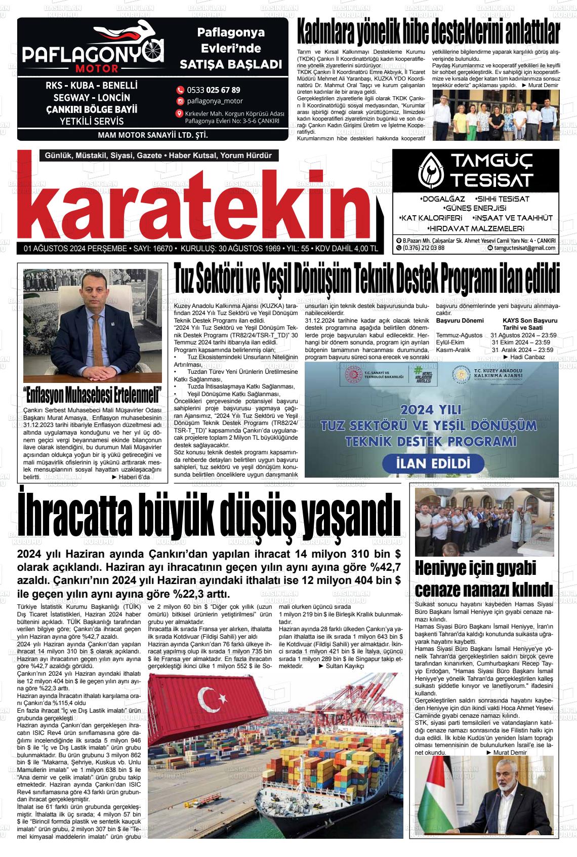 01 Ağustos 2024 Karatekin Gazete Manşeti