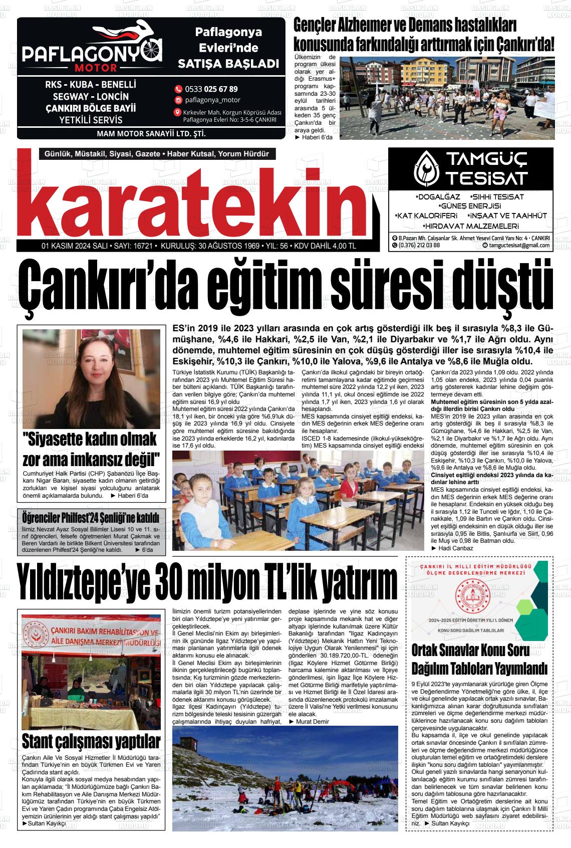 01 Ekim 2024 Karatekin Gazete Manşeti