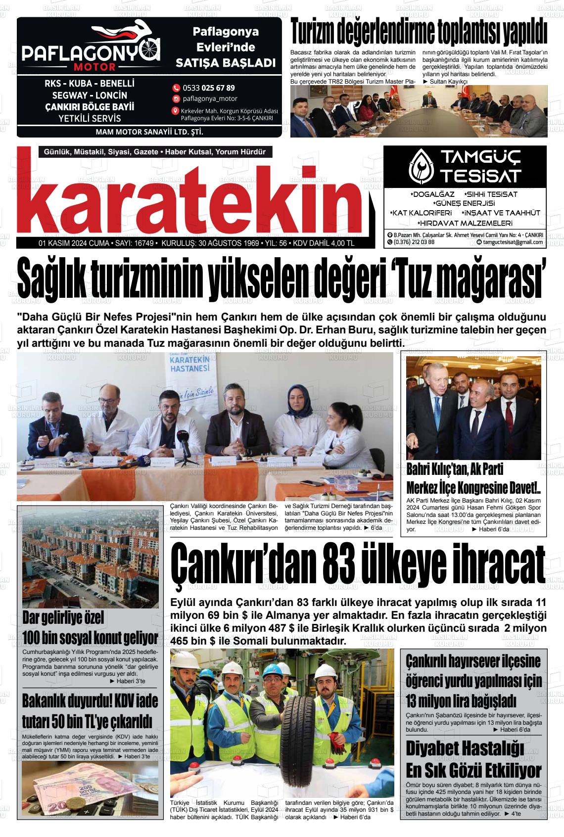 01 Kasım 2024 Karatekin Gazete Manşeti